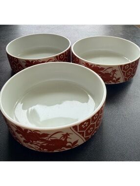 Set of 3 Asian Porcelain Bowls Red White Bird Floral Chinese Style 6”